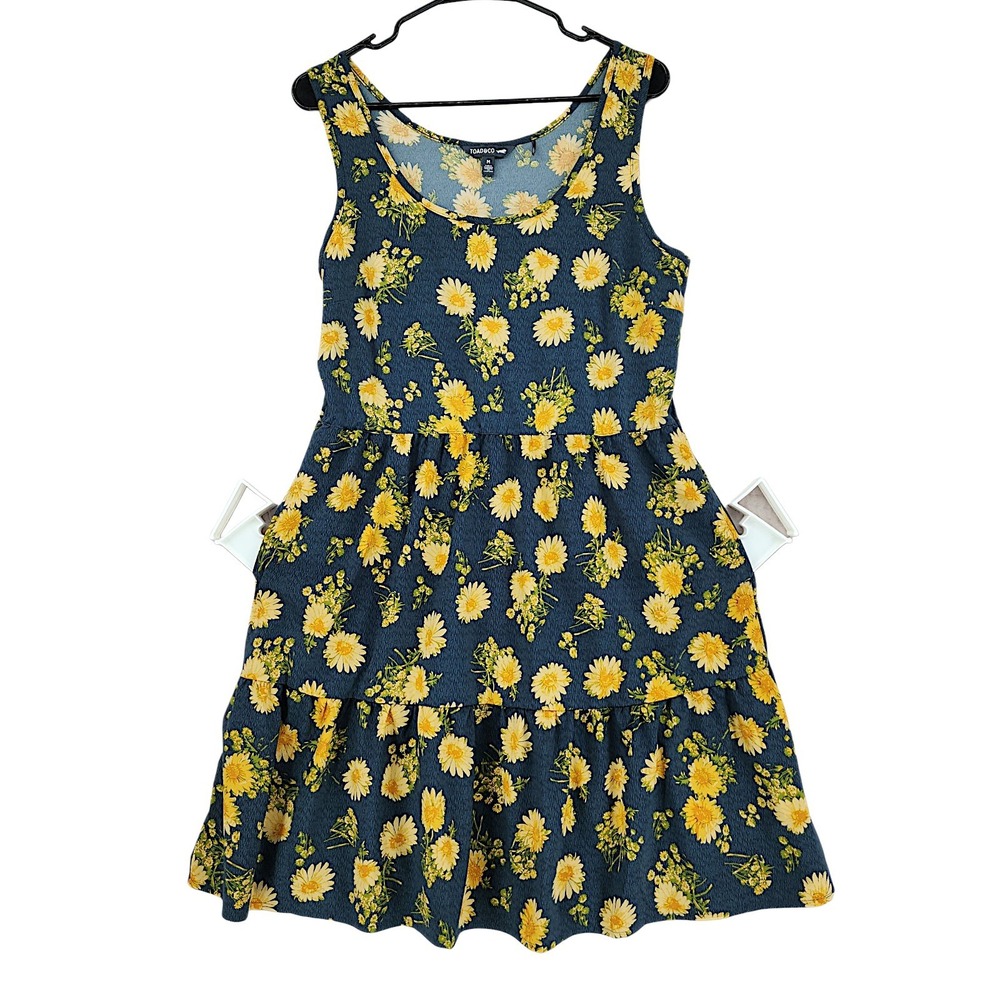Toad&Co Tank Sun Dress M Navy Yellow Floral Sunkissed Sunsana Pockets Babydoll